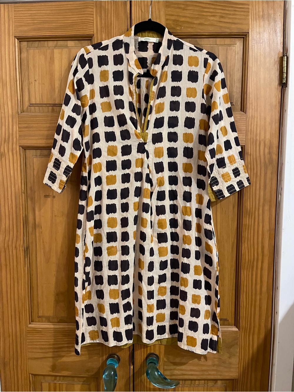 Women's Cream Tunic with Black and Mustard Square Print